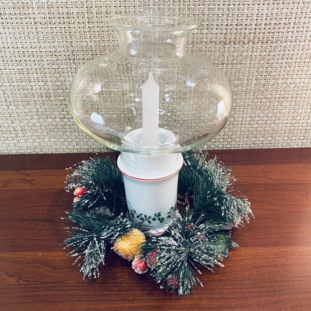 🎄VTG Christmas Centerpiece 1950s Holly Hurricane Candle Lamp & Wreath by CCCC